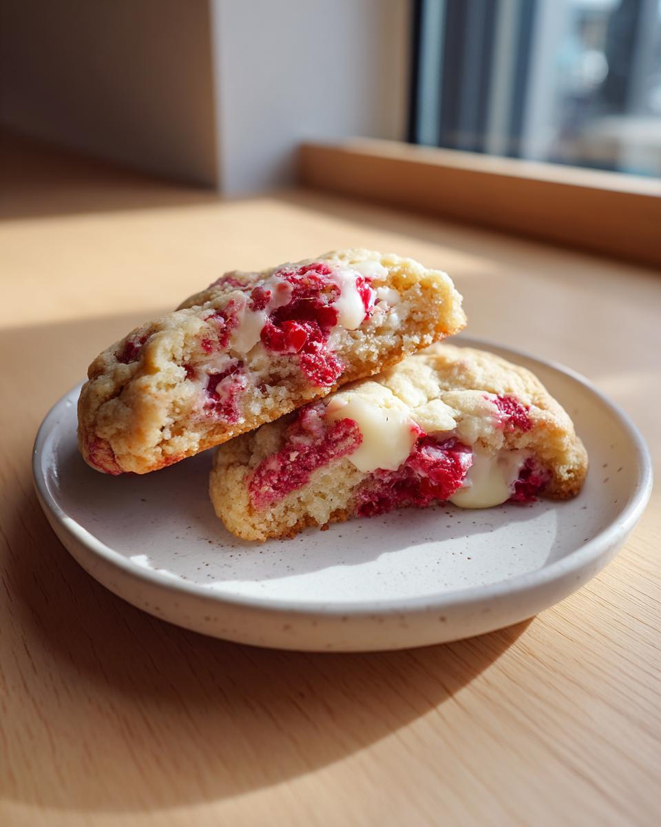 Two halves of a soft, gooey white chocolate raspberry cookies showing melted white chocolate and bright red raspberry filling.