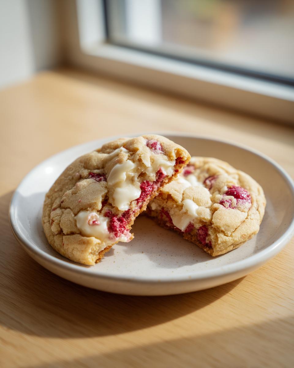 A white chocolate raspberry cookie broken in half on a small plate, showing gooey white chocolate and bright red raspberry filling.