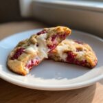 A white chocolate raspberry cookie broken in half showing gooey white chocolate and bright red raspberries inside.